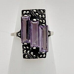 Art Deco Sterling Marcasite Ring - Purple Corundum Ring